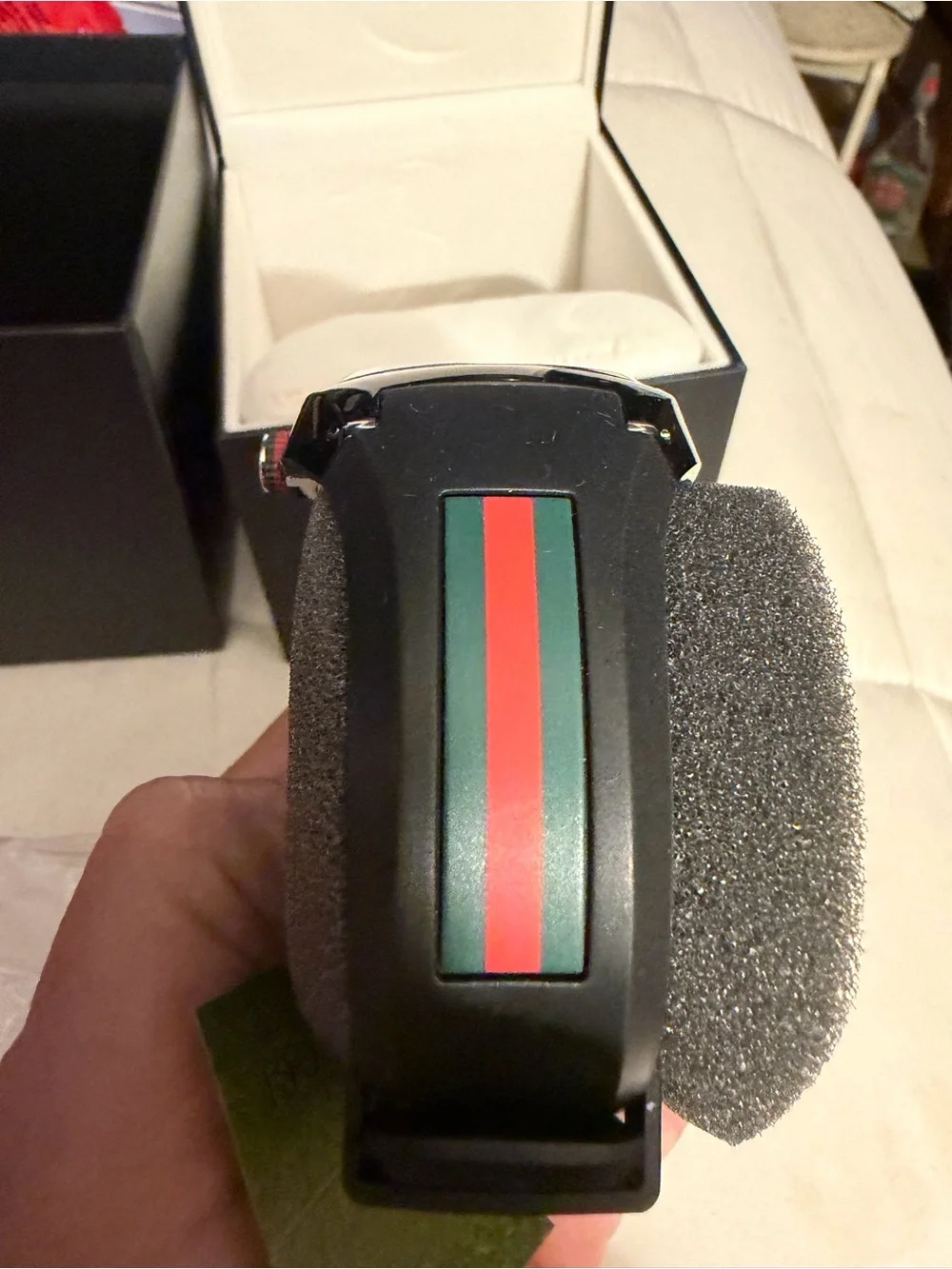 Gucci Black Watch with Silver Dial and Red Accents with box